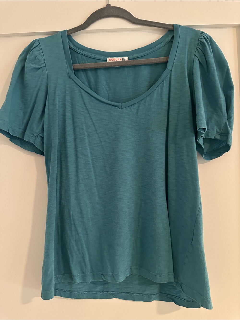 Sundry Teal V-Neck Puff Sleeve Top